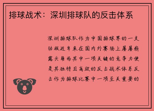 排球战术：深圳排球队的反击体系