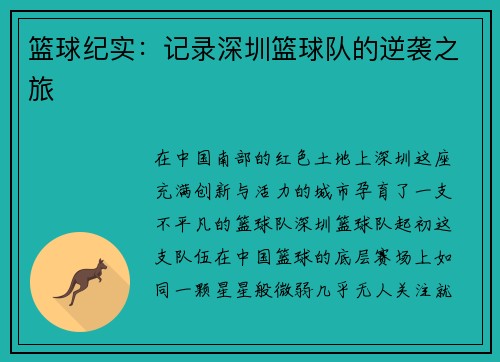 篮球纪实：记录深圳篮球队的逆袭之旅