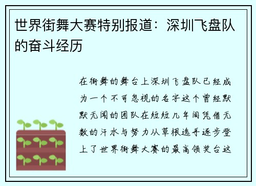 世界街舞大赛特别报道：深圳飞盘队的奋斗经历