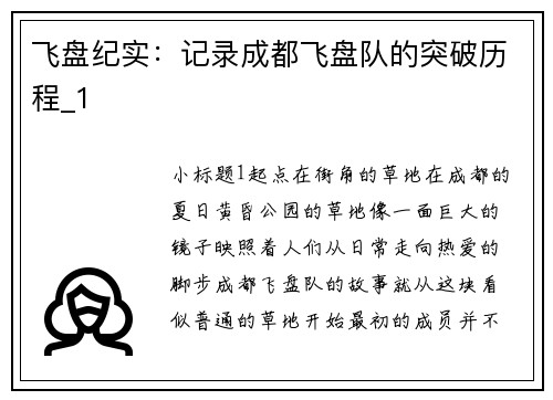 飞盘纪实：记录成都飞盘队的突破历程_1